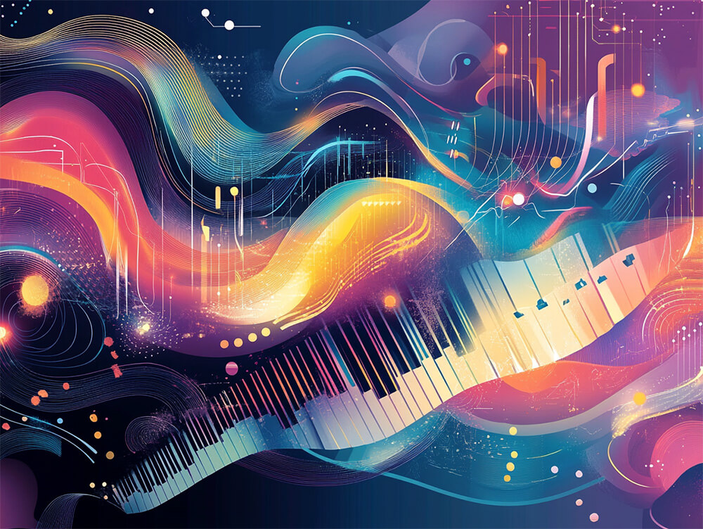 An abstract image representing inspiration, creativity, jazz and technology