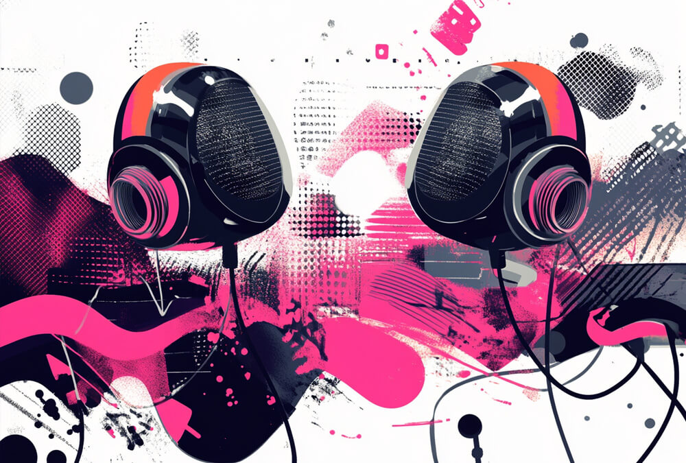Abstract image of two podcasting microphones to represent how Google NotebookLM uses AI to generate audio resembling a podcast