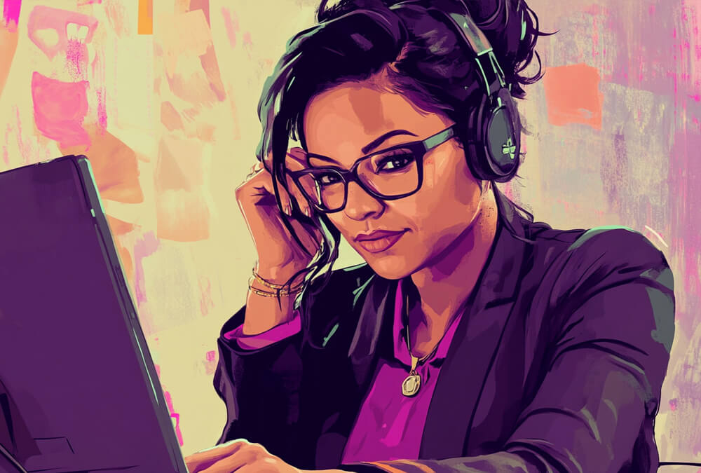 A businesswoman smiling while using her laptop