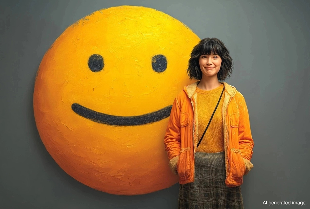 Image of a large happy face and a woman who appears to have anxiety