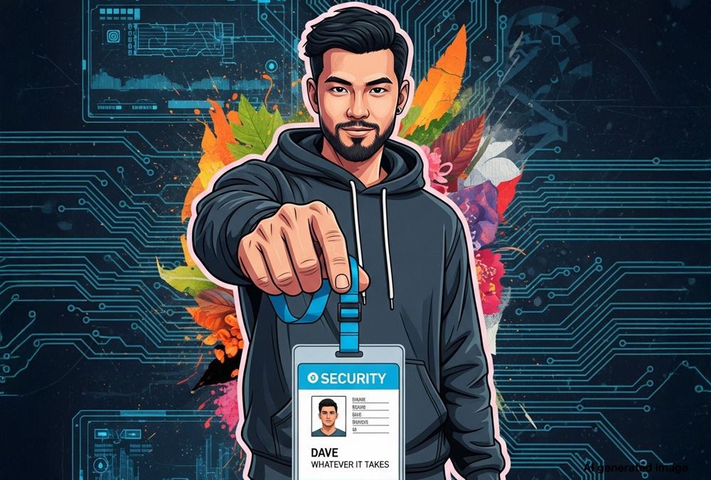 An illustration of a young man holding an ID badge that reads DAVE. Whatever it Takes