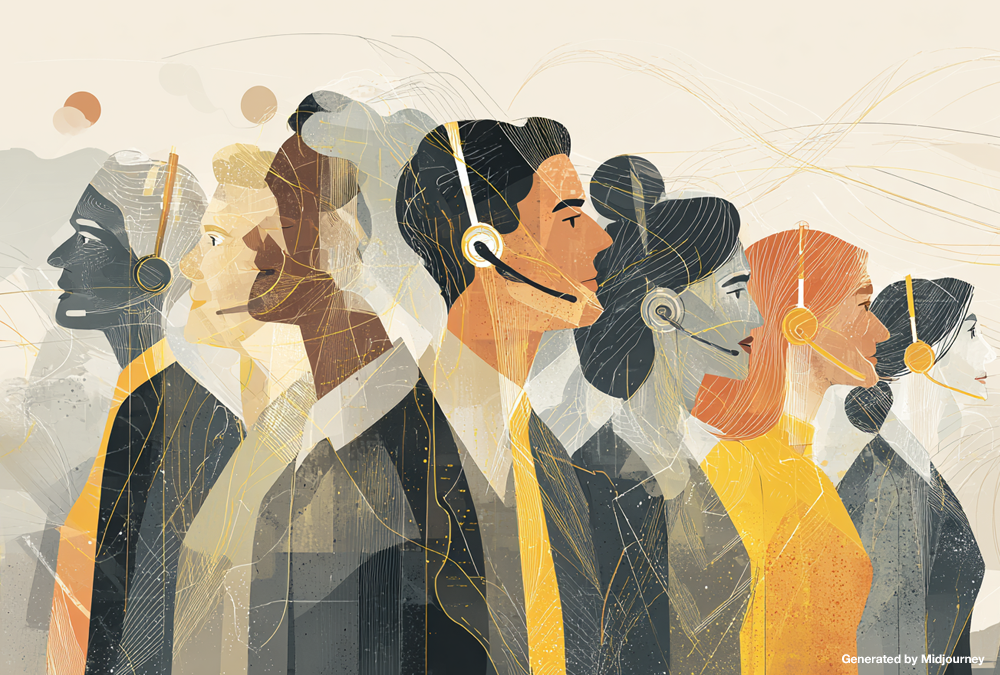 Illustration of diverse customer support representatives wearing headsets, symbolizing the role of humans alongside AI in call centres.