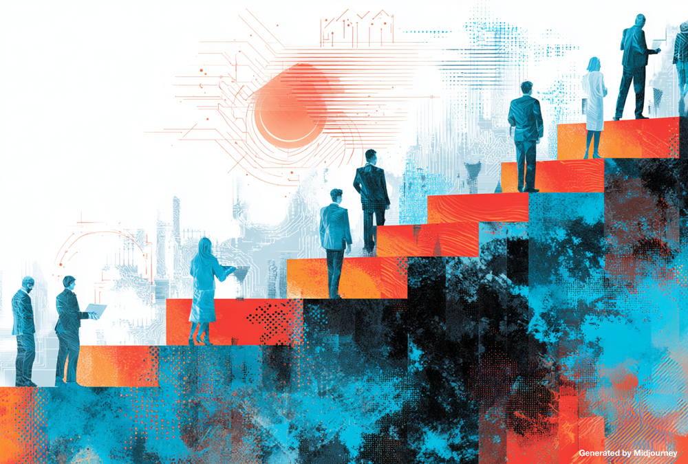 Illustration of professionals climbing a fragmented career ladder, symbolizing how AI reshapes entry-level work and career growth.