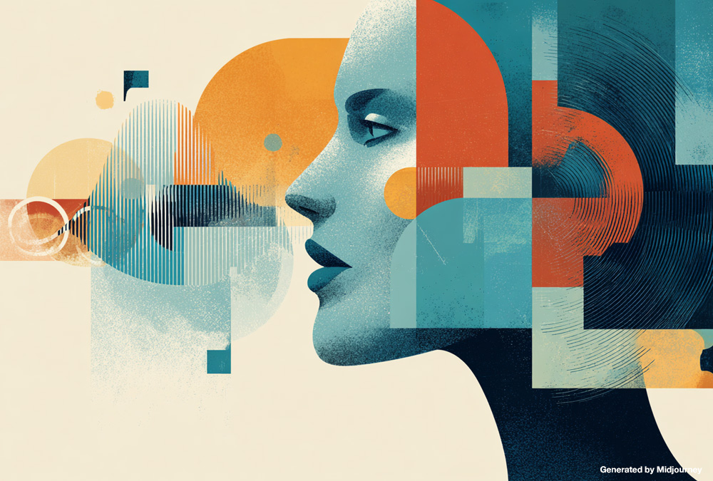 Abstract illustration of a human profile with colorful sound waves and geometric shapes, representing AI voice technology and natural human-AI conversation.