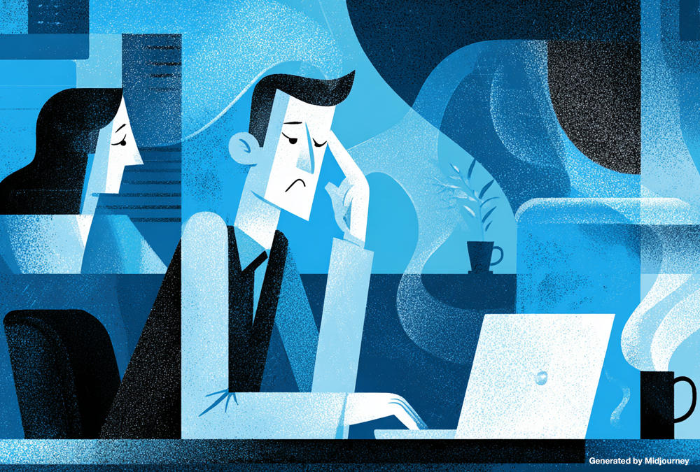 Frustrated worker illustration showing poor AI prompts leading to weak results.