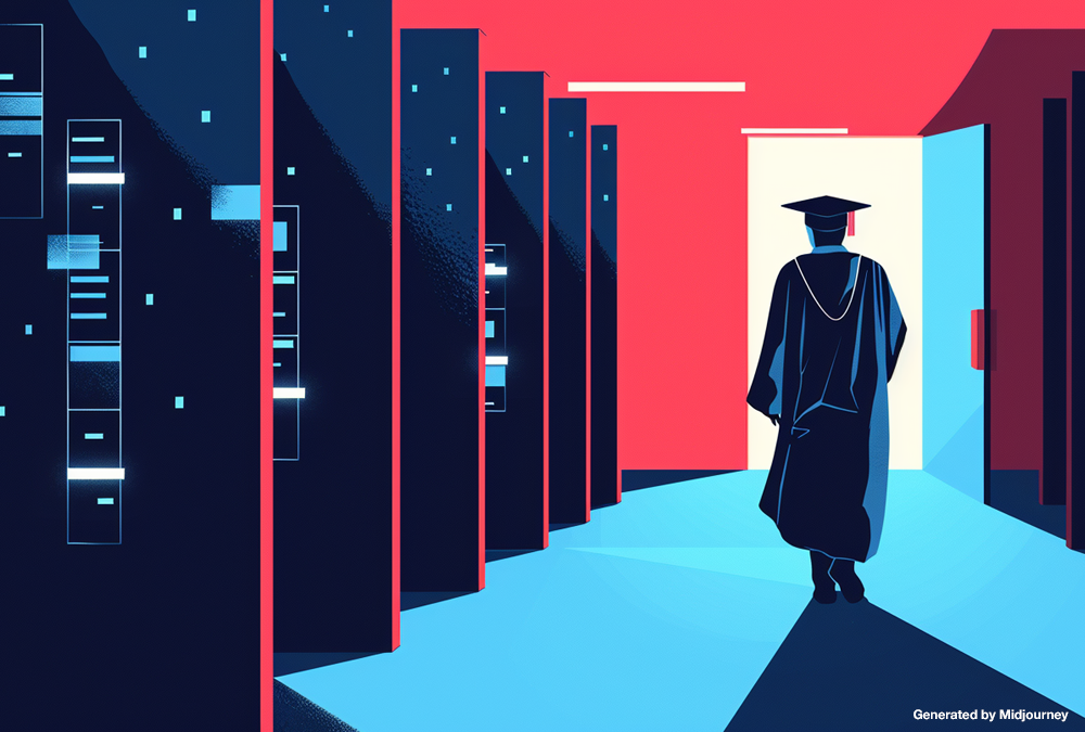 Illustration of a graduate in a gown holding a cap, standing at the doorway of a corporate office filled with glowing AI servers, symbolizing the impact of AI on entry-level job opportunities.