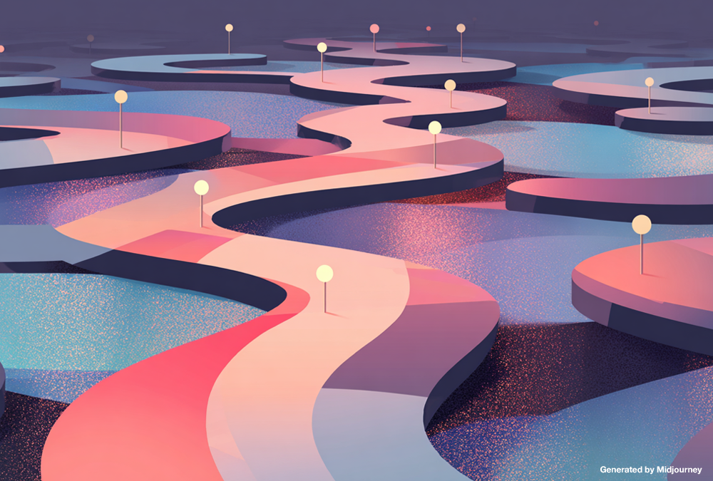 Abstract illustration of winding pathways with glowing nodes, representing AI adoption as a structured framework and process.