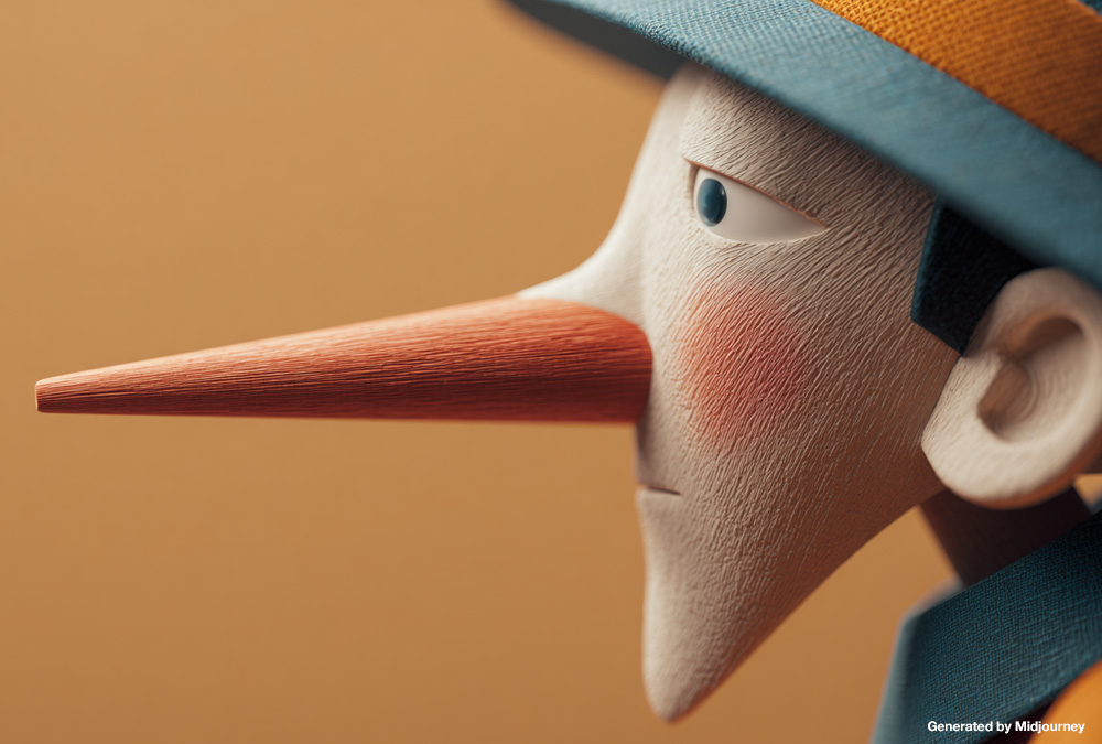 A pastel editorial illustration of Pinocchio with a long wooden nose, symbolizing AI hallucinations and false but confident answers.