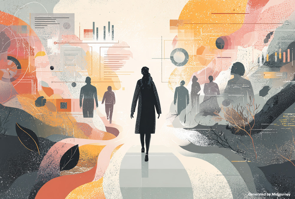 Illustration of a business leader as an AI Advocate guiding teams through AI adoption, surrounded by abstract data and workflow visuals.