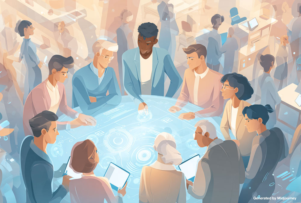 Illustration of leaders using AI tools while employees in the background look uncertain, symbolizing the gap in workplace AI adoption.