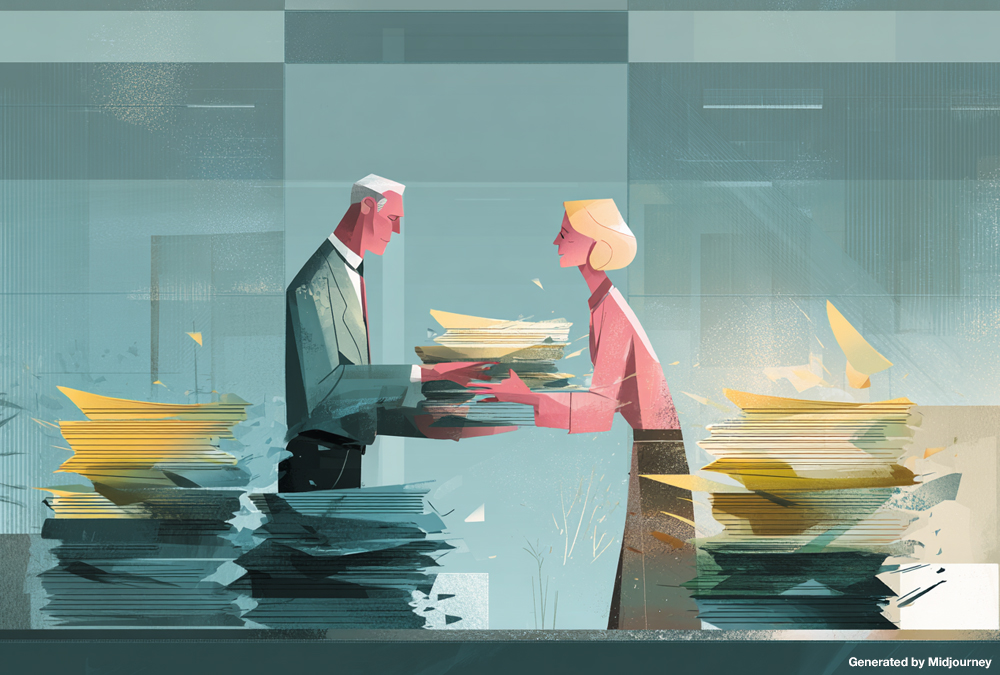 Two office workers exchange crumbling stacks of documents, symbolizing AI-generated Workslop in the workplace.