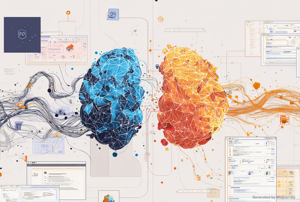 Illustration of Microsoft Copilot routing tasks between two AI models, GPT and Anthropic Claude, represented as abstract neural shapes in blue and orange, surrounded by Office app screens.