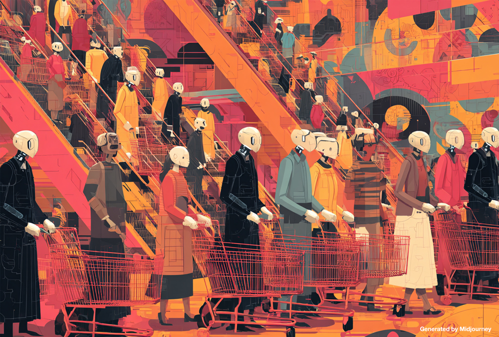 Illustration of humanoid robots pushing shopping carts in a futuristic mall, symbolizing AI-driven ecommerce and instant checkout in ChatGPT