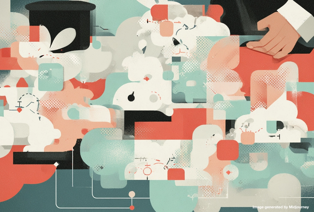 Editorial illustration showing magician pulling AI technology from hat representing gap between AI hype and implementation strategy