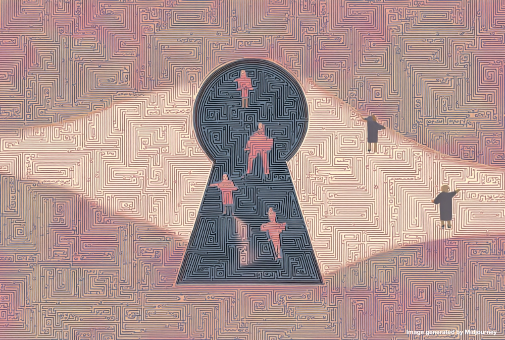 Business professionals collaborating to unlock AI adoption and ROI through keyhole symbolizing organizational change