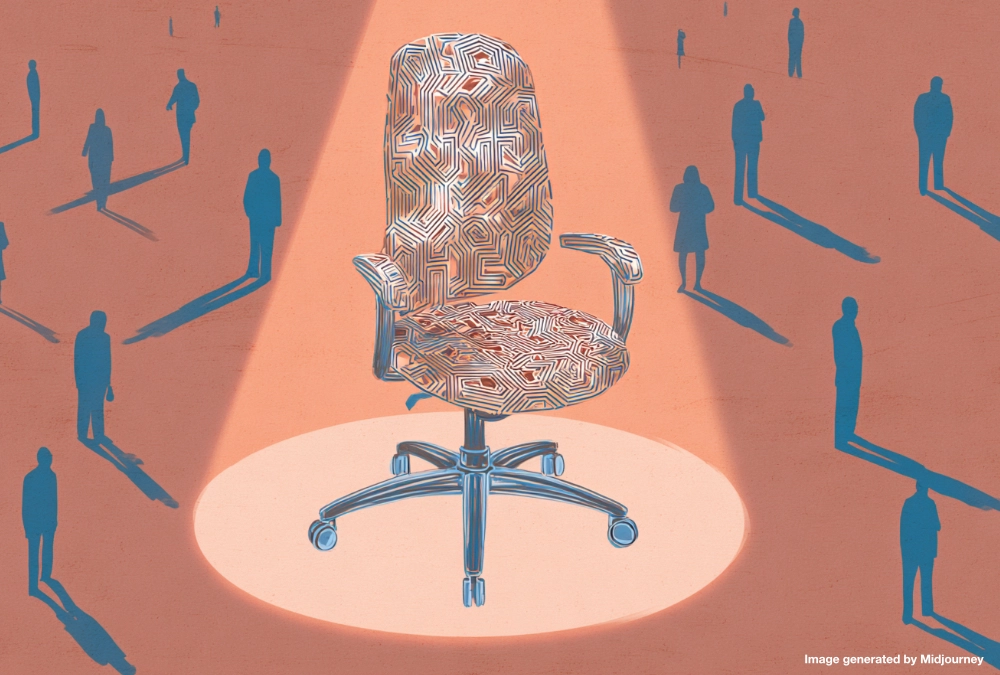 Empty executive chair with AI circuit patterns spotlighted, surrounded by distant business figures casting shadows
