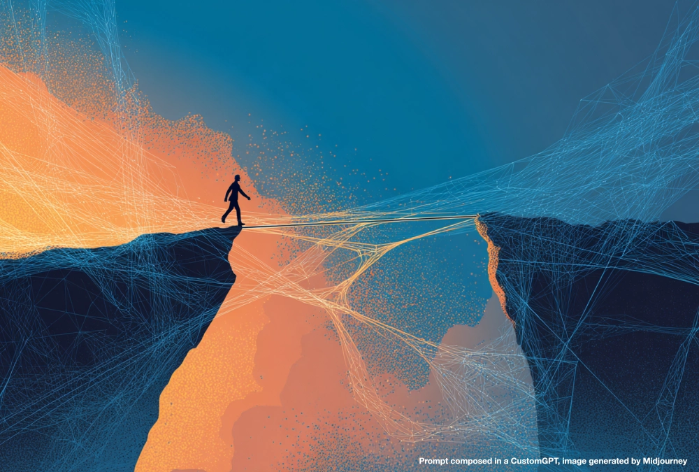 Illustration of a person crossing a digital bridge made of data strands between two cliffs, symbolizing how managing AI risk connects ambition to real ROI. Image generated with Midjourney
