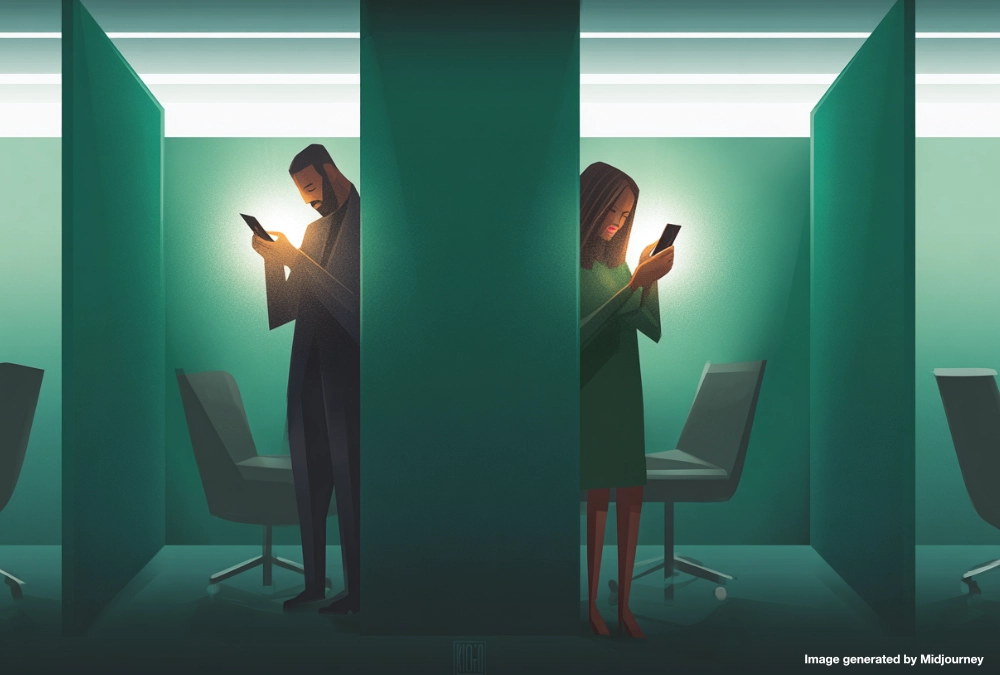 Illustration of two employees in office cubicles quietly using glowing mobile devices, representing unapproved AI use at work.