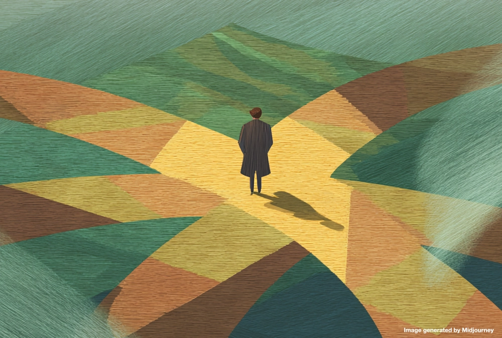 Stylised figure standing at a crossroads, symbolising hesitation and the risks of delaying AI adoption.