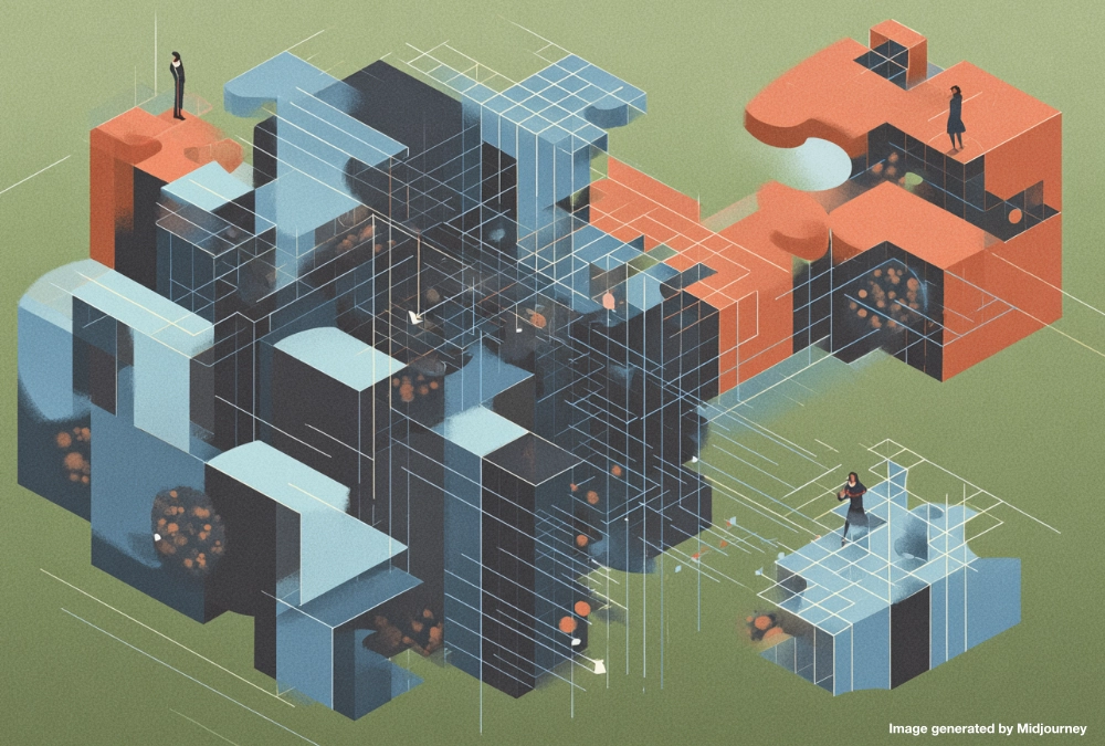 Abstract isometric puzzle structures representing fragmented AI execution, strategy gaps, and organizational silos.