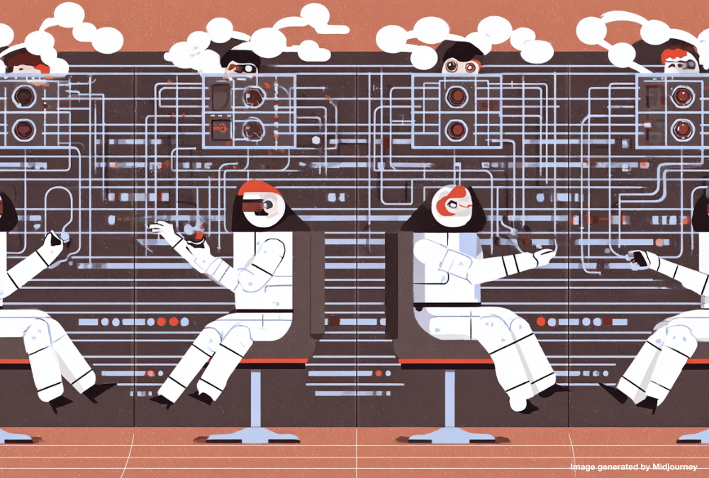 Editorial illustration of robots operating a telephone switchboard representing AI automation and the changing workforce